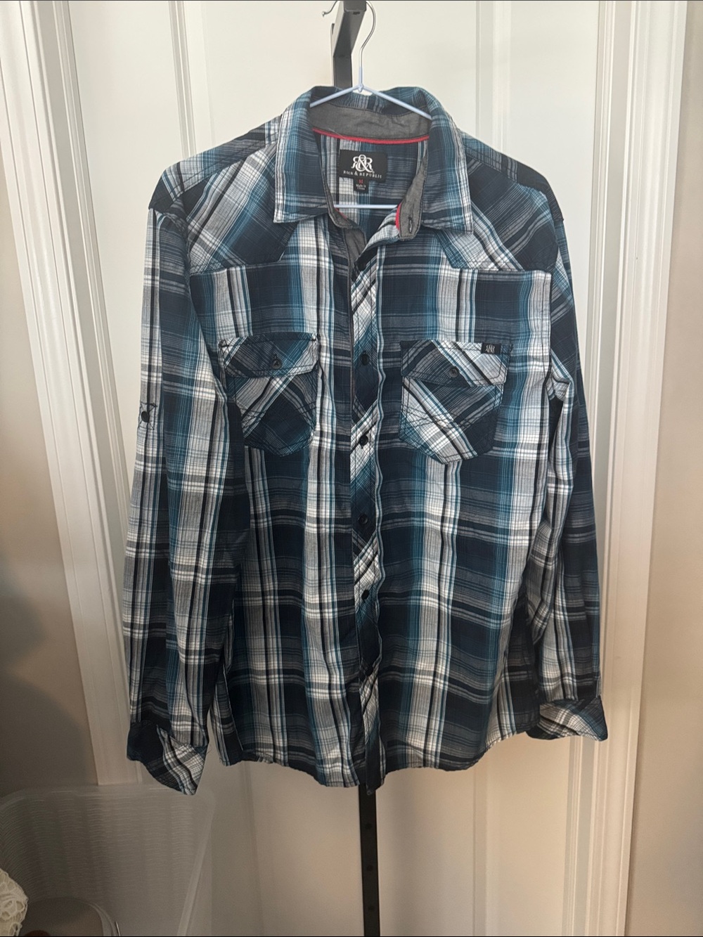 Rock & Republic Blue and Gray Plaid Shirt with Red Trim